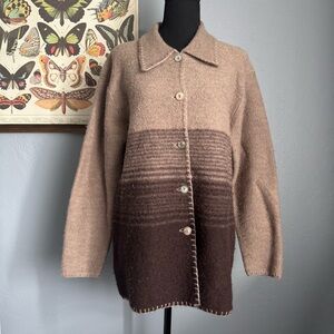 Vintage Herman Geist 100% Wool Two-Tone Brown Button-Up Collared Cardigan